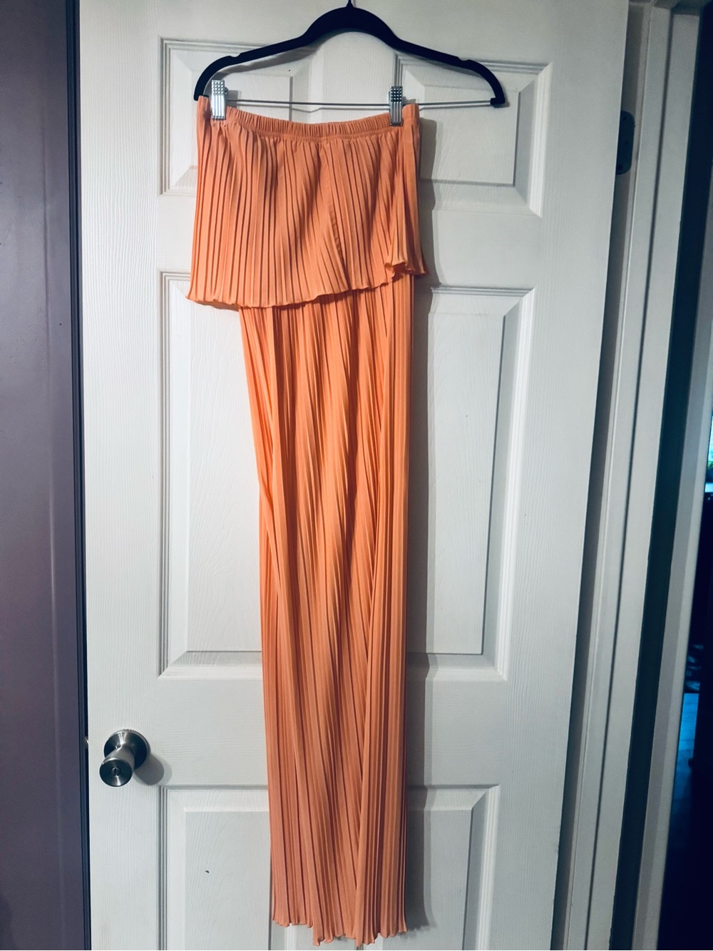 Pleated Strapless Wide-Leg Jumpsuit in Peach